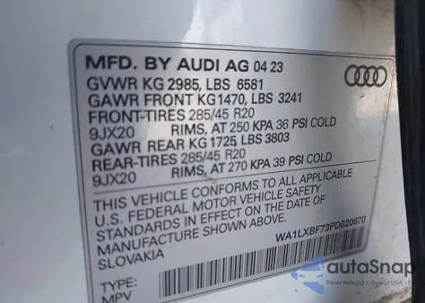 2023 Audi Q7 Premium Plus 55 Tfsi Quattro Tiptronic z USA, uszkodzony, nr VIN WA1LXBF73PD020670